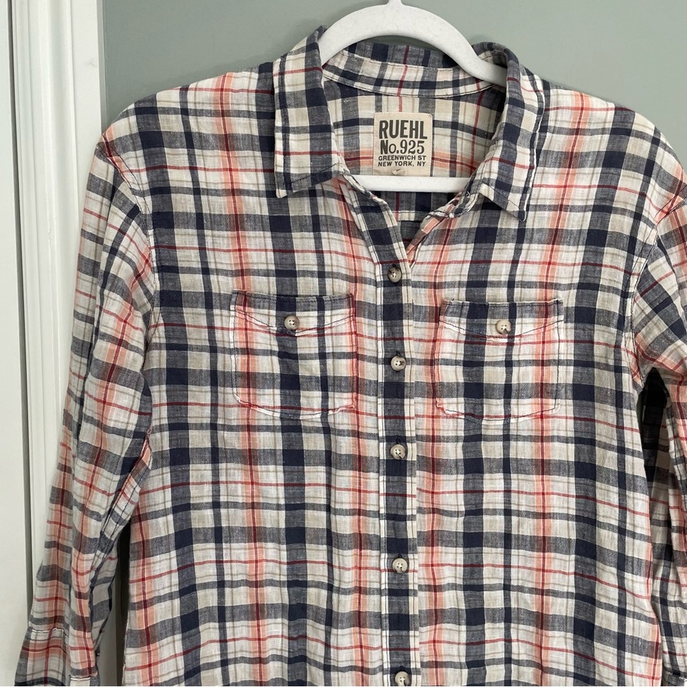 Vintage Y2K Ruehl no. 925 Linen Cotton Plaid 3/4 Sleeve Button Down Shirt